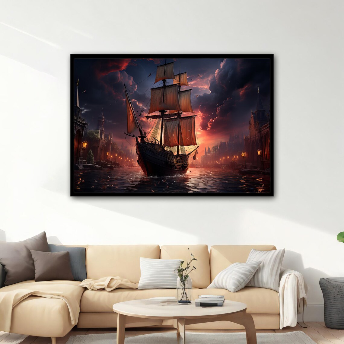 Sailing Ship Old Town Canal Sunset Harbor Vintage Nautical Art Poster - Image 5
