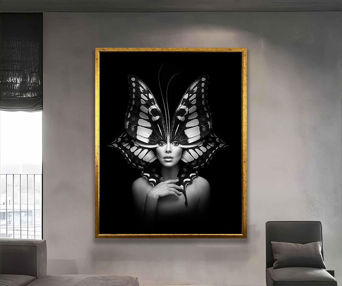 Monochrome Woman With Butterfly Wings Fantasy Portrait Wall Poster - Image 4