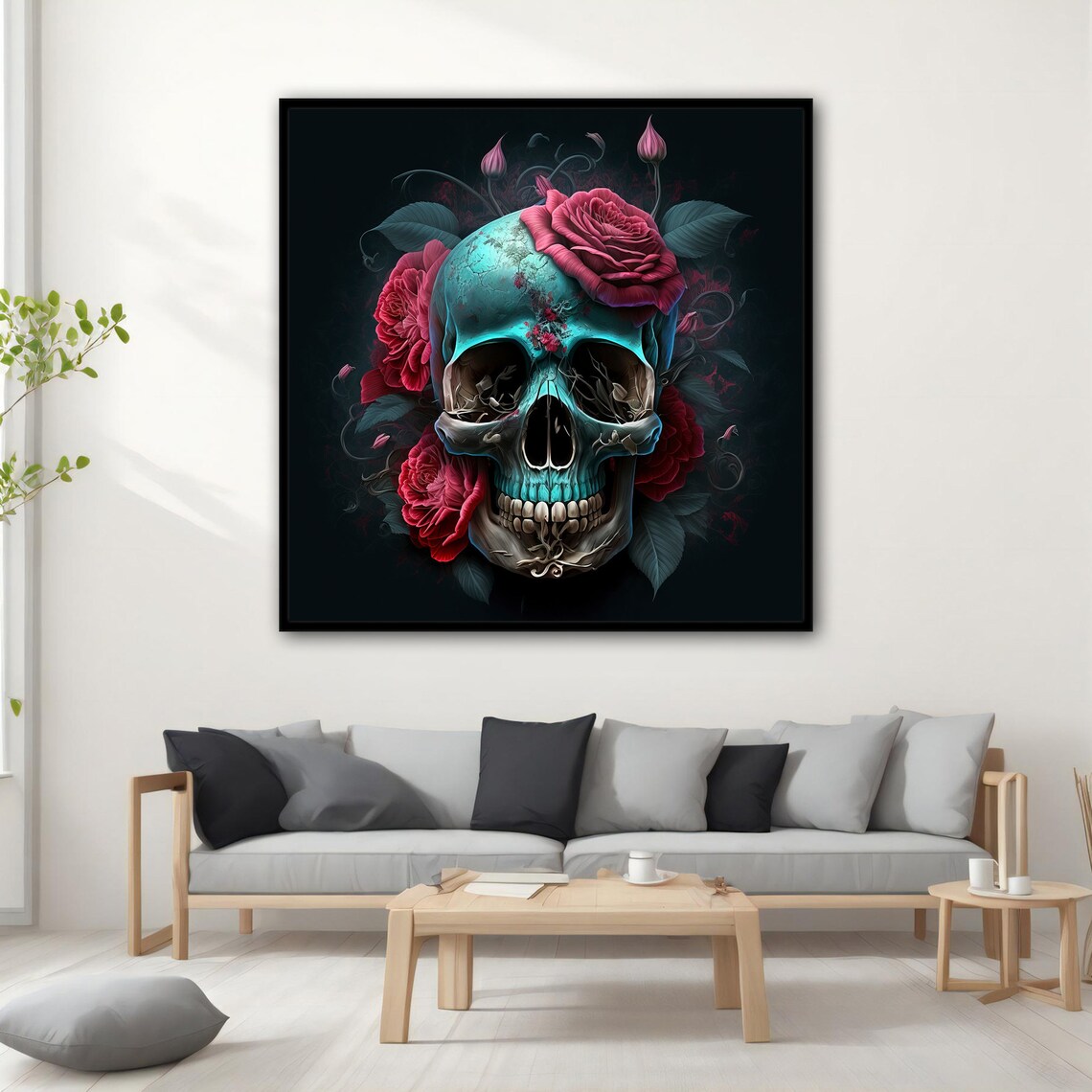 Gothic Skull with Red Roses Dark Floral Macabre Wall Art Poster - Image 2