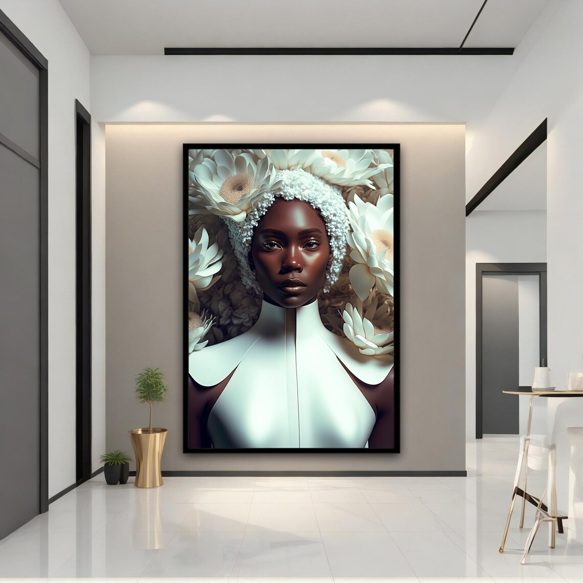 African Woman White Floral Headpiece Elegant Portrait Art Poster - Image 3
