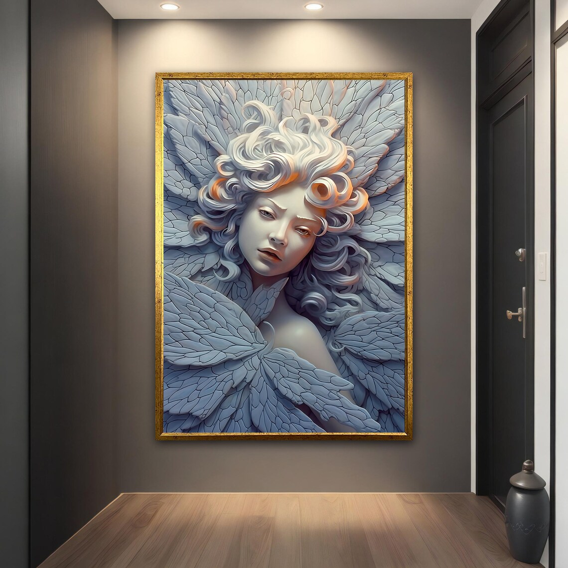 Sculpture Style Woman Feather Wings Cool Blue Gray Wall Art Print - Image 5