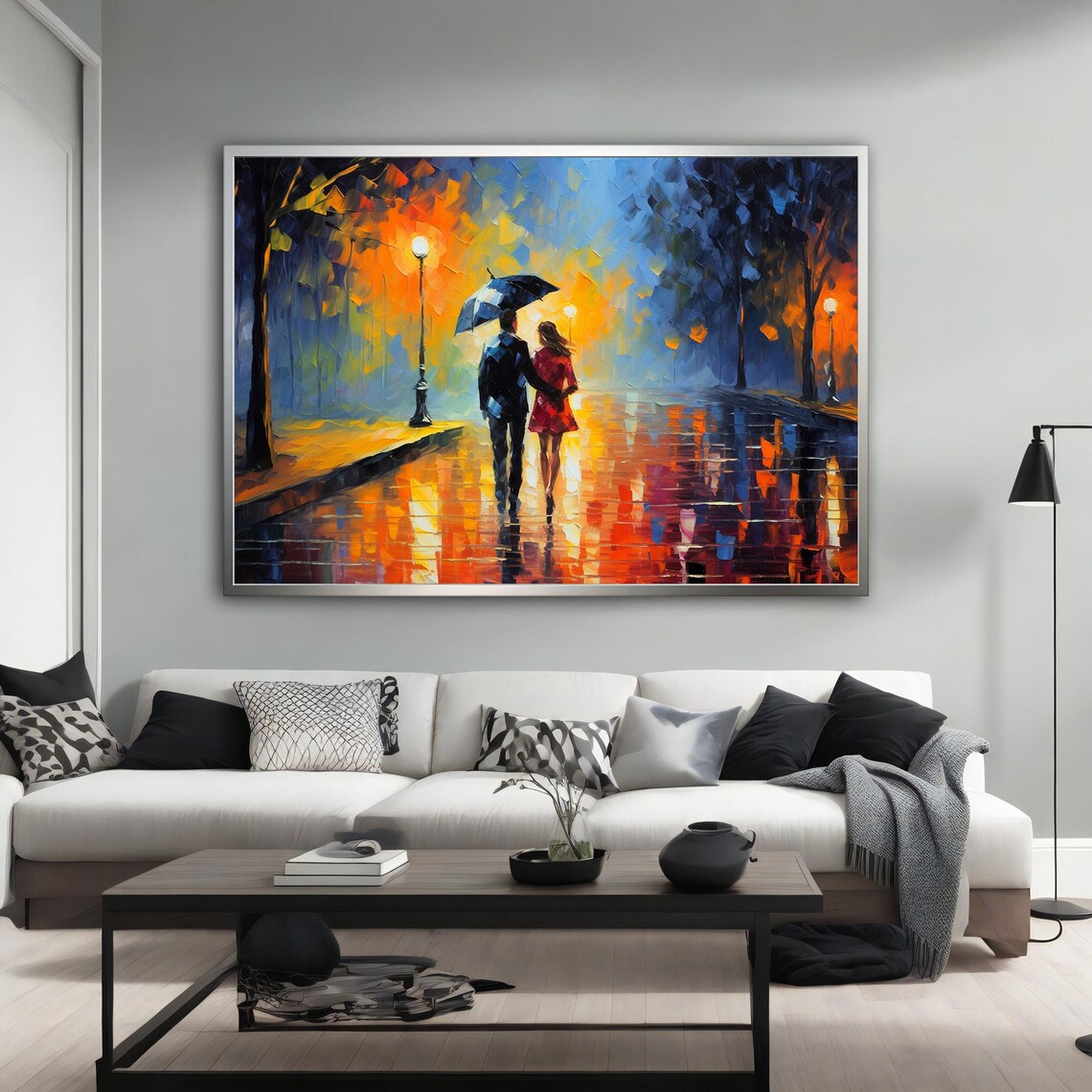 Couple Under Umbrella Rainy Night Street Impressionist Art Poster - Image 3
