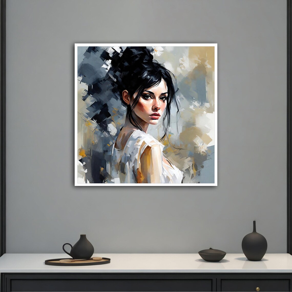 Modern Woman With Dark Hair Bun In Gray Black And Gold Poster - Image 2