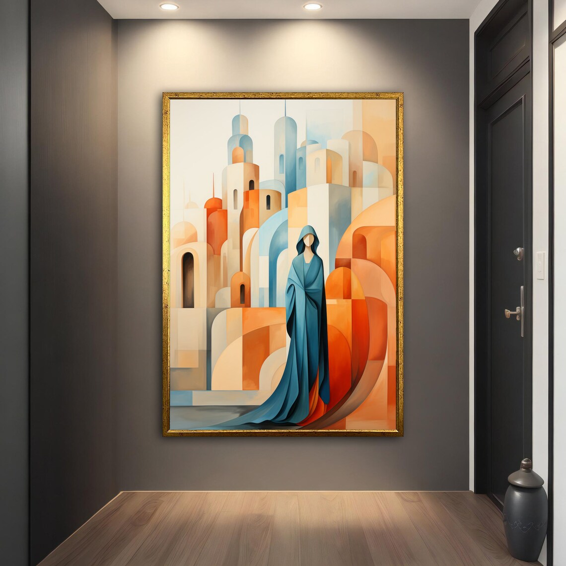 Hooded Figure Abstract Geometric Cityscape Terracotta Blue Art Poster - Image 5