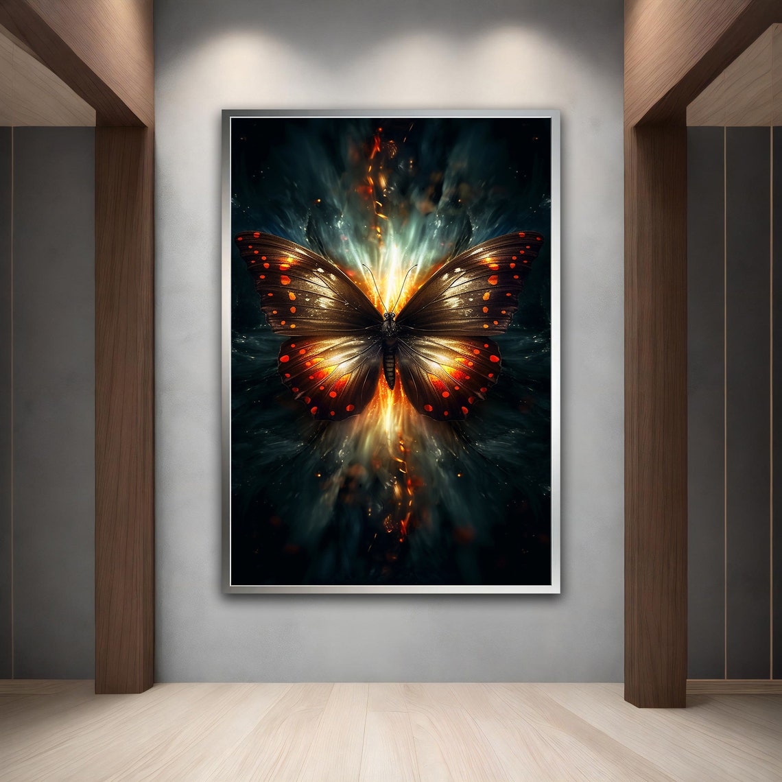 Glowing Butterfly on Dark Background Fire Light Wings Wall Art Print - Image 5