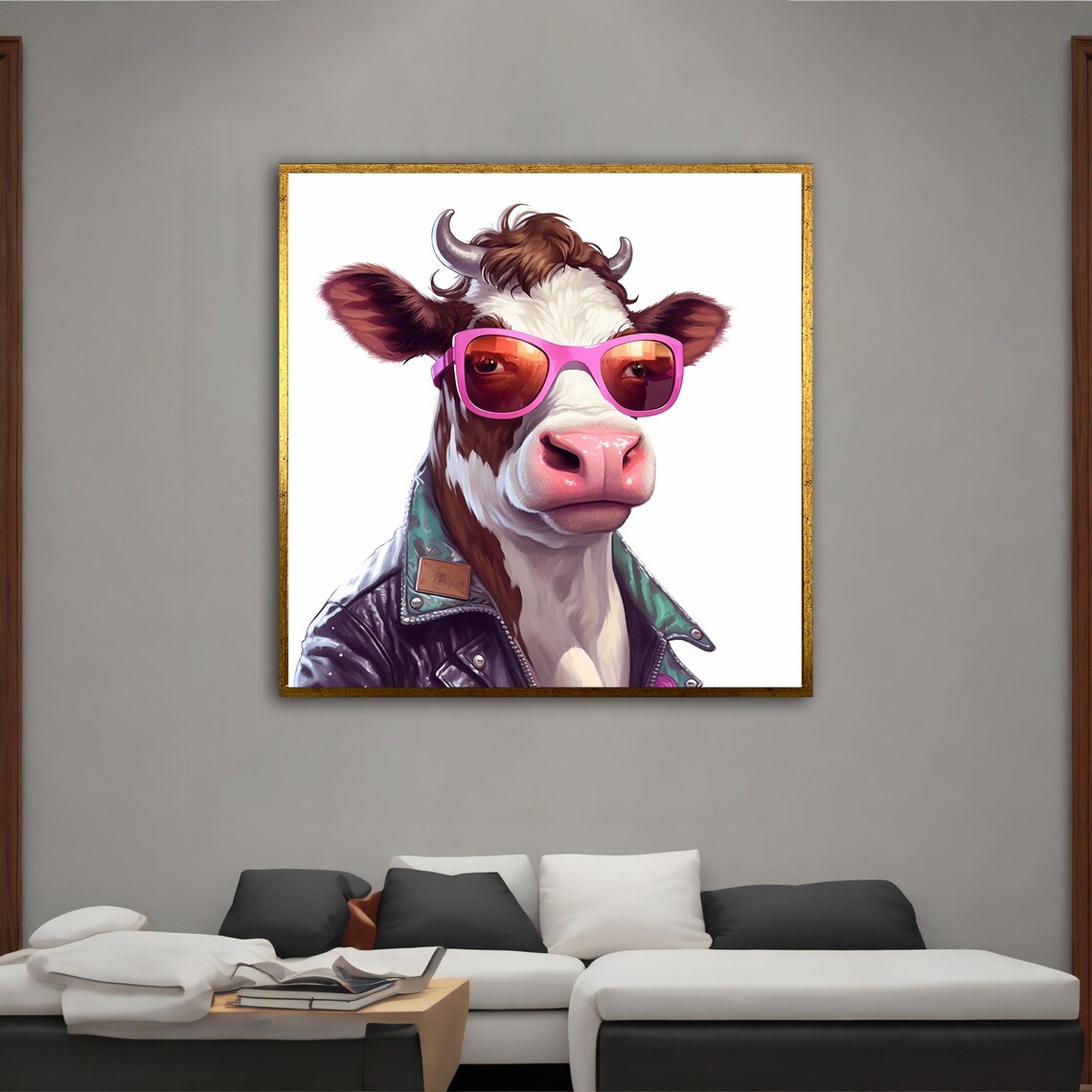 Funny Cow Wearing Pink Sunglasses Leather Jacket Animal Art Poster - Image 3