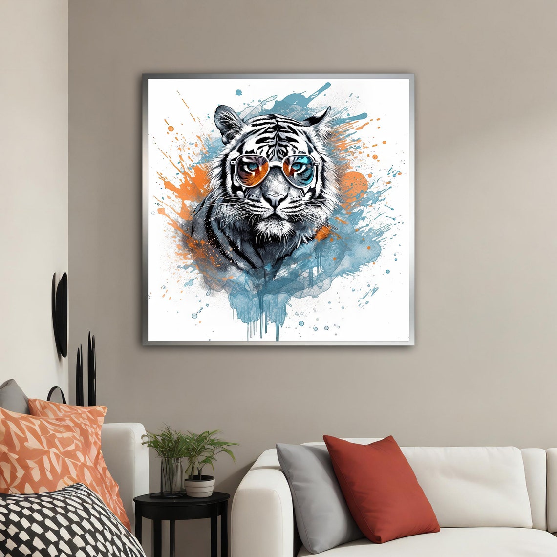 White Tiger Sunglasses Splash Art Fun Animal Wall Art Poster - Image 2
