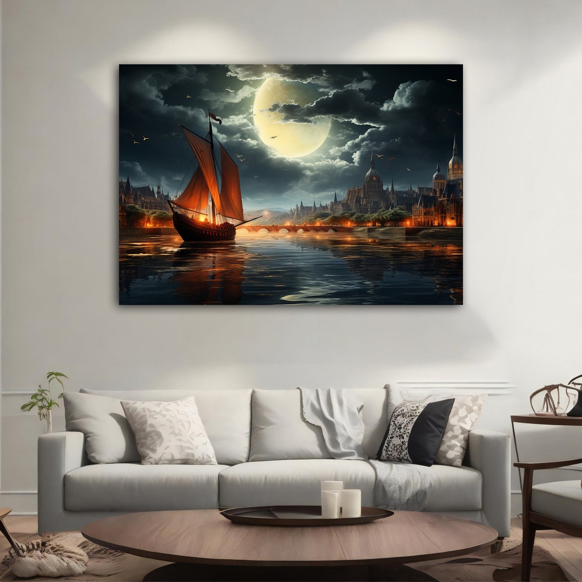 Sailing Ship Red Sails Full Moon Night Harbor Fantasy Nautical Poster - Image 5