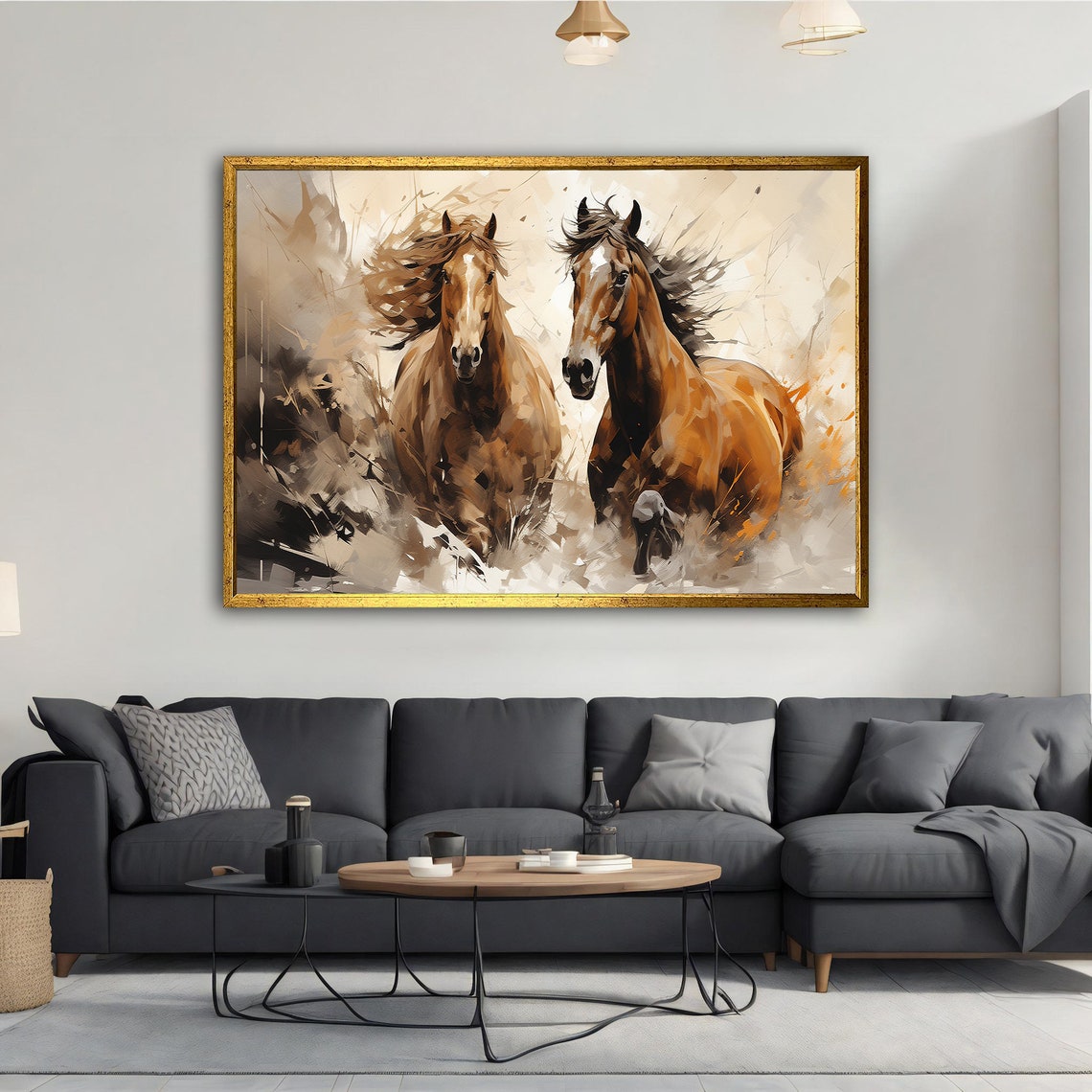 Two Brown Horses Running Painting Galloping Mane Dynamic Wall Poster - Image 3
