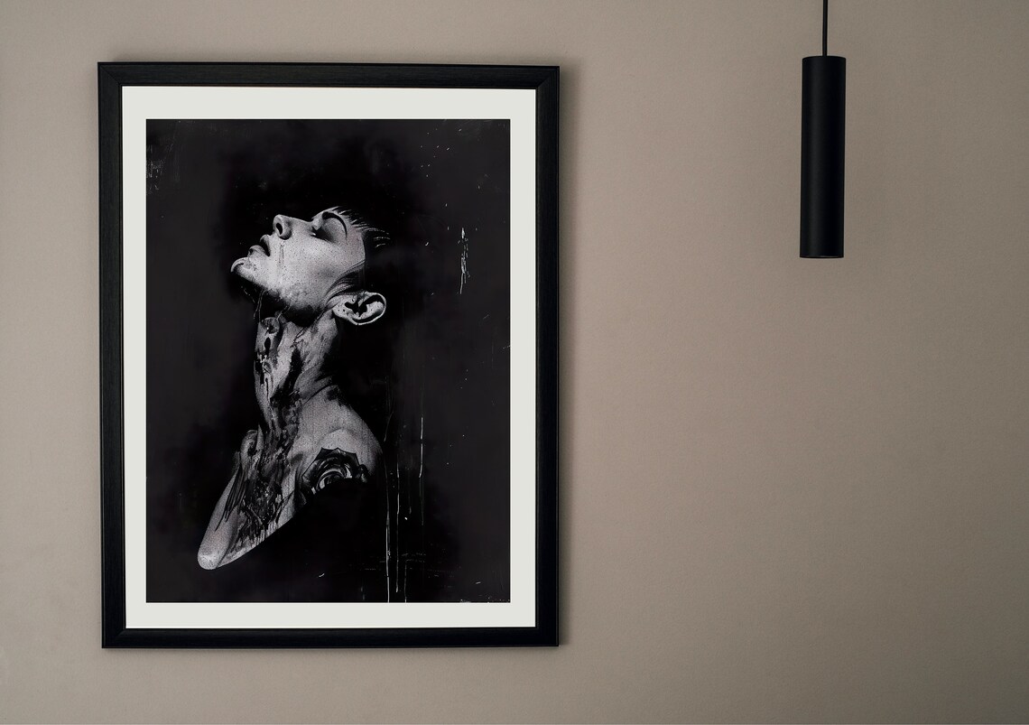 Tattooed Woman Black and White Oil Portrait Moody Dark Art Poster