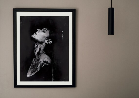 Tattooed Woman Black and White Oil Portrait Moody Dark Art Poster