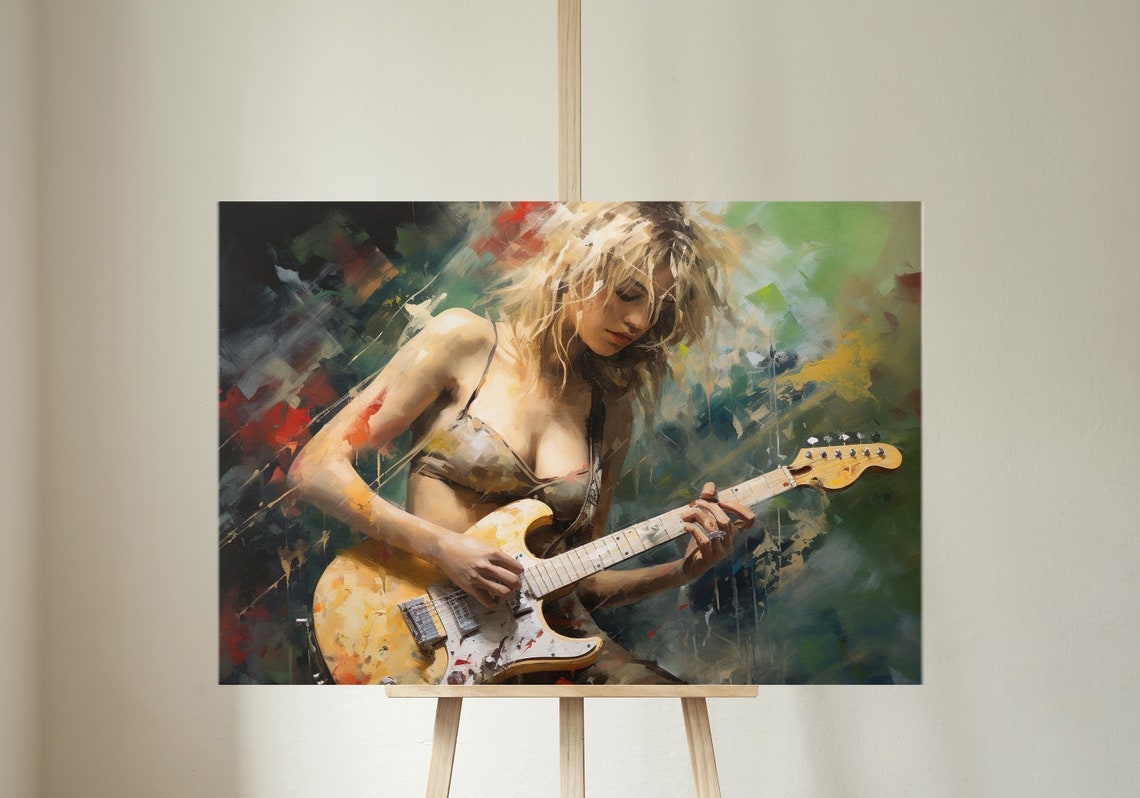 Blonde Woman Playing Electric Guitar Abstract Rock Art Poster