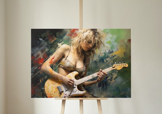 Blonde Woman Playing Electric Guitar Abstract Rock Art Poster