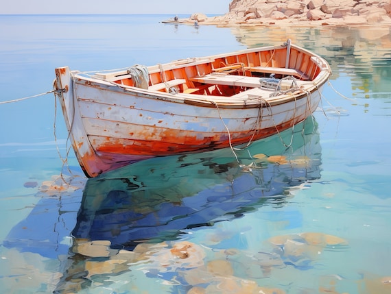 Weathered Wooden Rowboat Crystal Clear Turquoise Water Poster