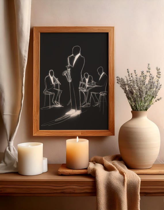 Jazz Band Wall Art Saxophone Sketch Print Minimalist Music Poster Musical Home Decor Gift Musician