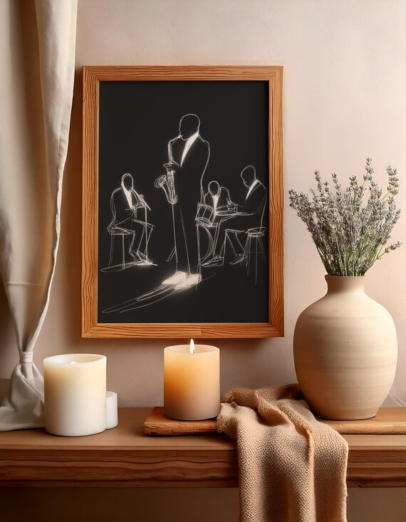 Jazz Quartet With Saxophone White Line Sketch On Black Poster