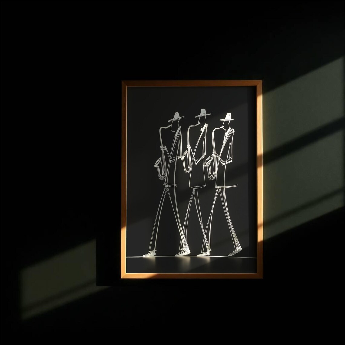 Three Saxophone Players White Line Art Black Jazz Music Poster