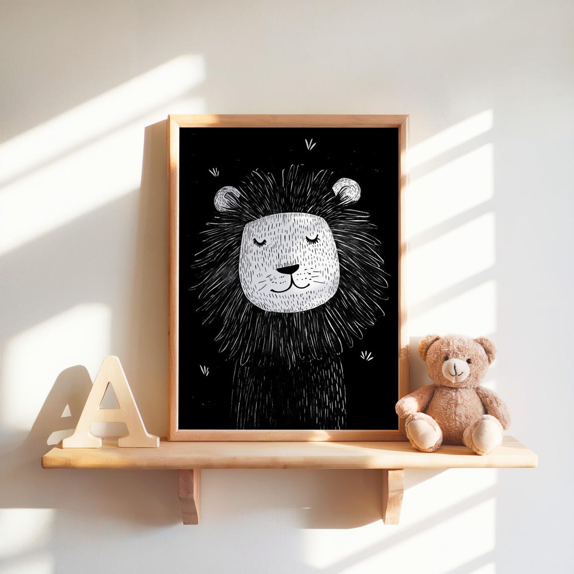 Sleepy Lion Face White Sketch Lines Black Monochrome Nursery Poster
