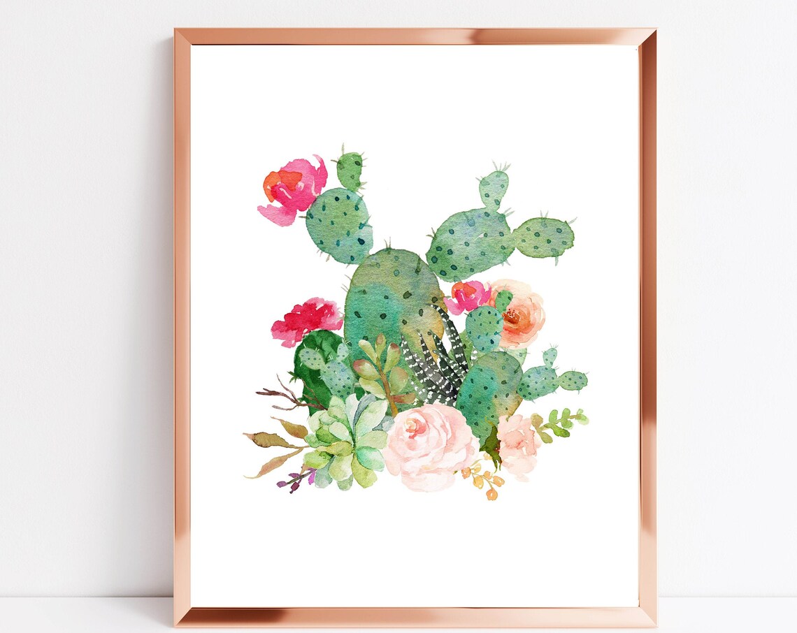 Watercolor Cactus Succulent Floral Bouquet Southwestern Bloom Wall Art