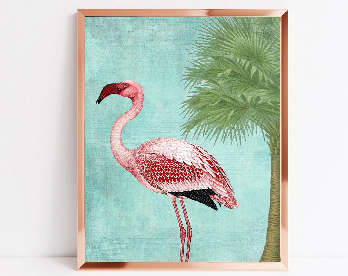 Pink Flamingo Palm Tree Tropical Turquoise Botanical Wall Art