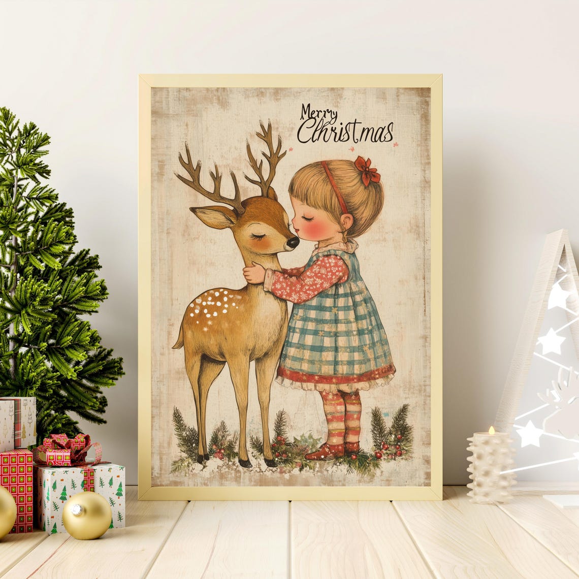 Vintage Girl Hugging Deer Merry Christmas Retro Illustration Poster