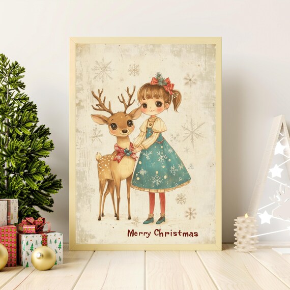 Adorable Christmas Art Print Girl And Reindeer Illustration Vintage Holiday Wall Decor Cute Retro Christmas