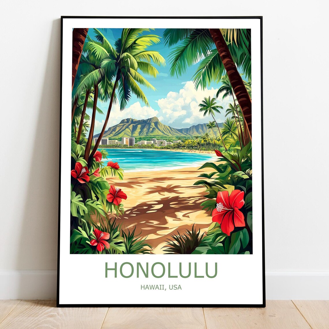 Honolulu Waikiki Beach Diamond Head Palm Trees Hawaii USA Poster