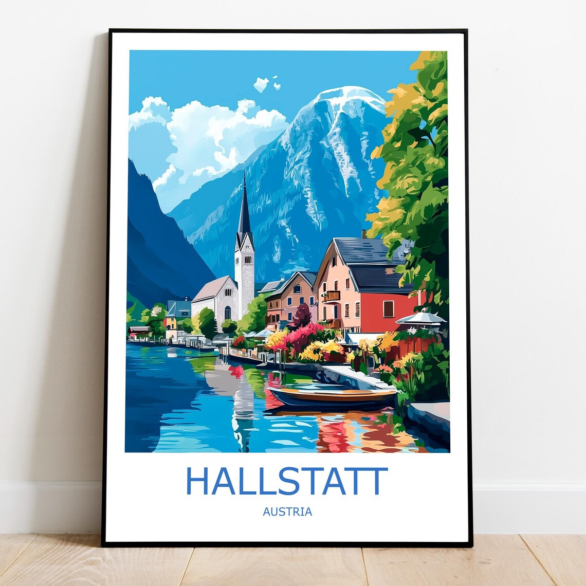 Hallstatt Lakeside Village Church Spire and Alpine Peaks Travel Poster