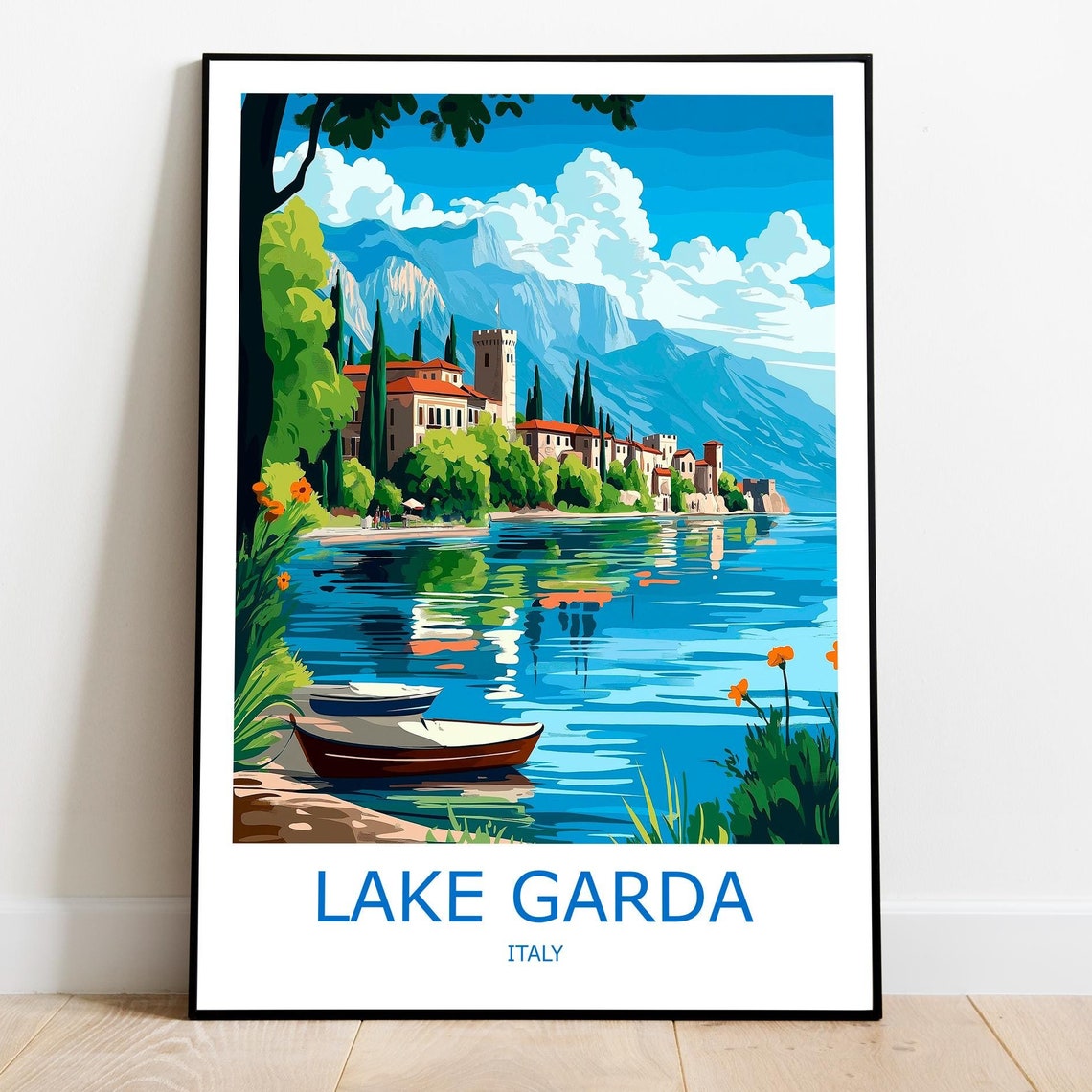 Lake Garda Peninsula Castle Tower and Rowboats Italy Lakeside Poster