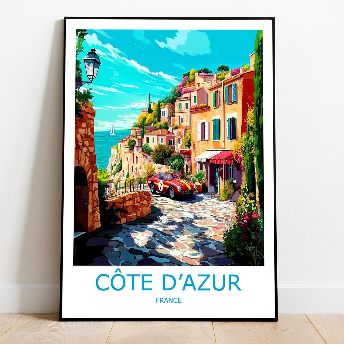 Cote d'Azur France Riviera Village Vintage Race Car Travel Poster