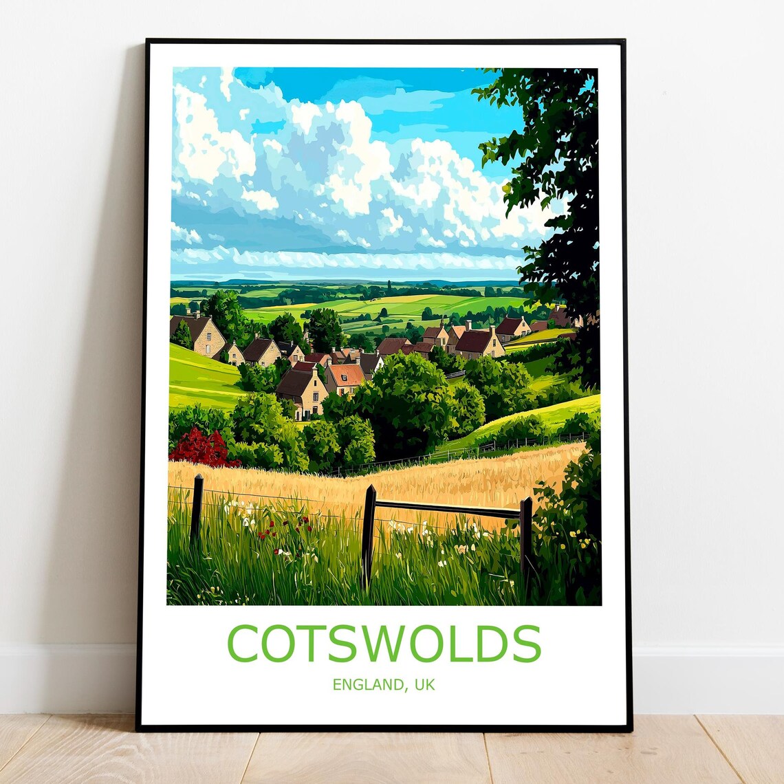 Cotswolds England Rolling Hills Stone Cottage Village Travel Poster