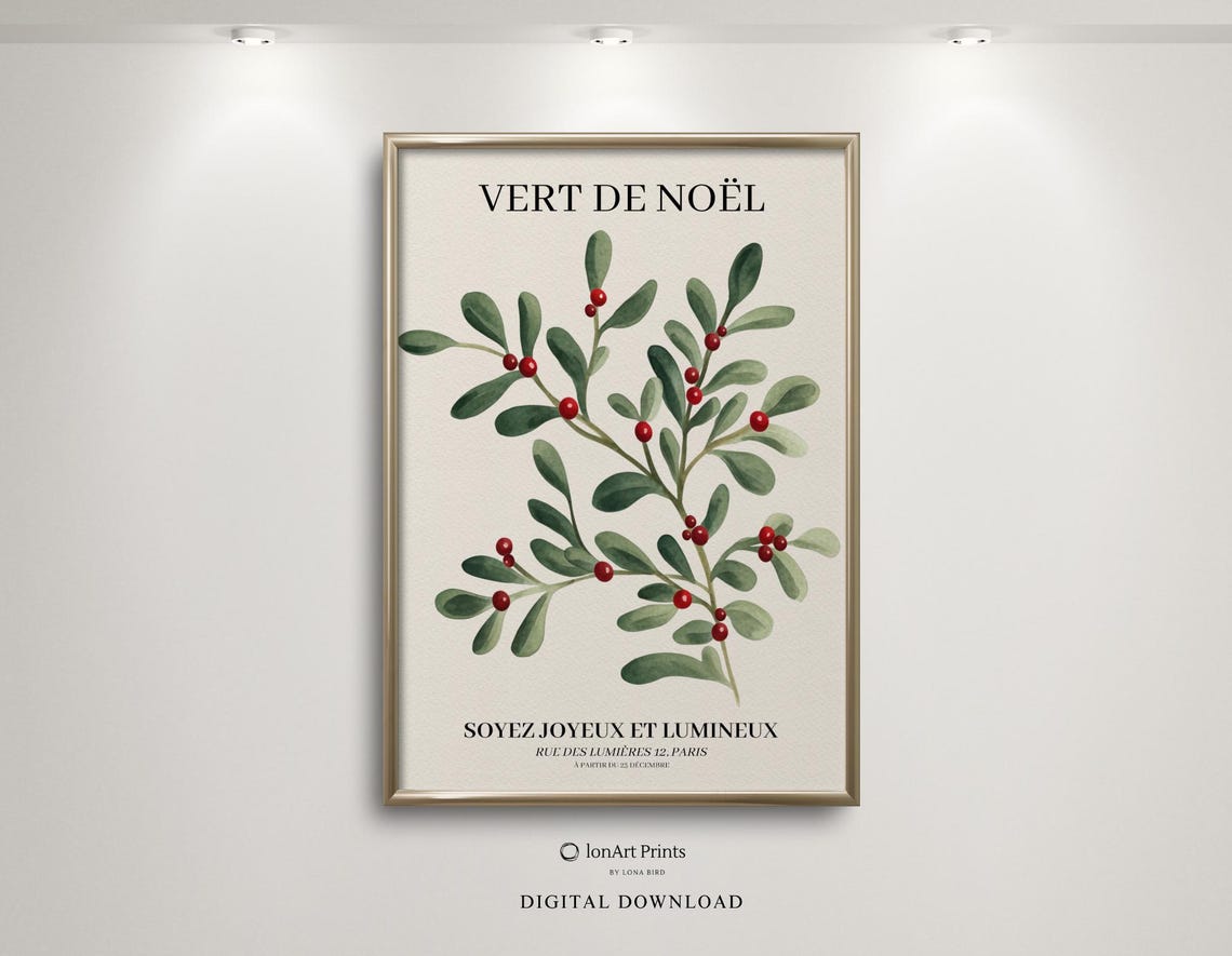 Vert de Noel French Mistletoe Botanical Christmas Wall Poster