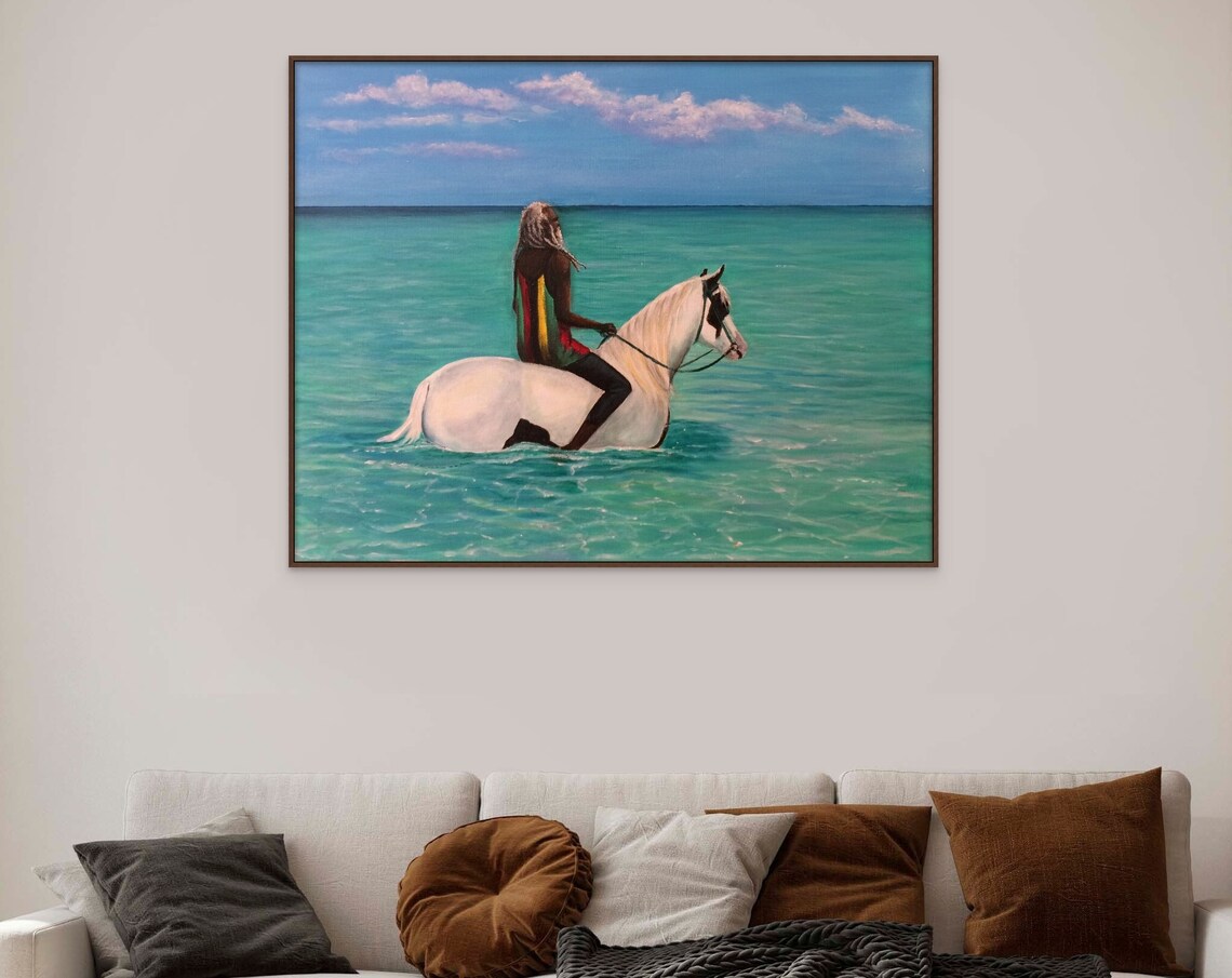 Woman Riding White Horse Turquoise Ocean Shallow Sea Beach Poster - Image 4