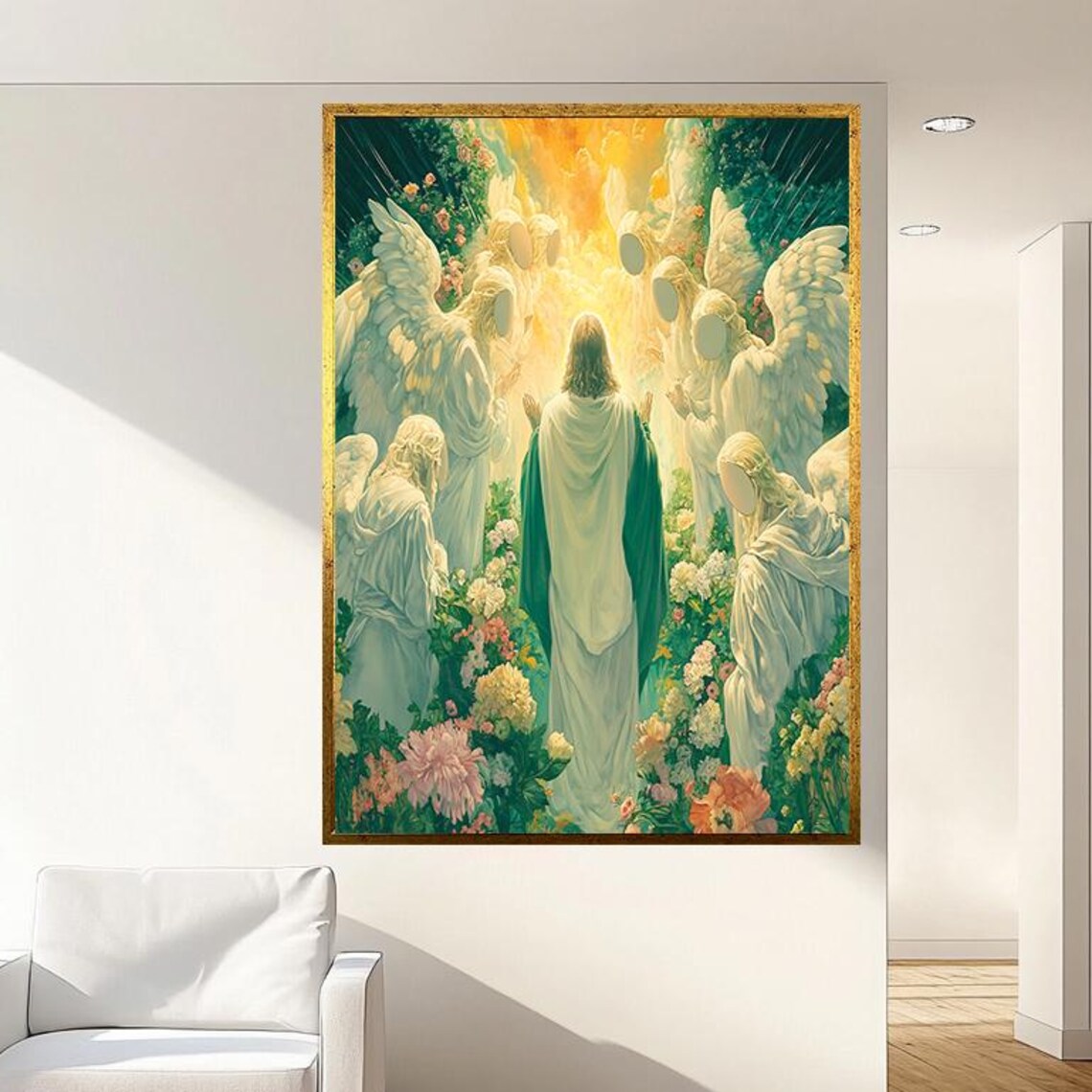 Jesus Christ With Angels In A Radiant Heavenly Flower Garden Poster