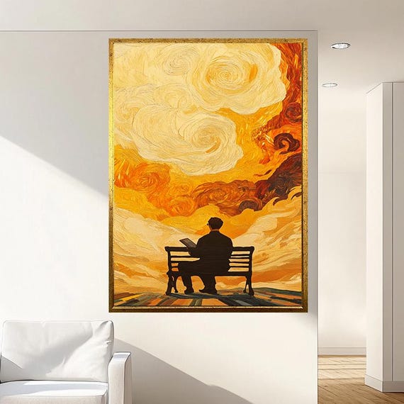 Sunset Reading Wall Art Dreamy Van Gogh Style Painting Surreal Sky Artwork Inspirational Silhouette Print Warm Toned Home Decor