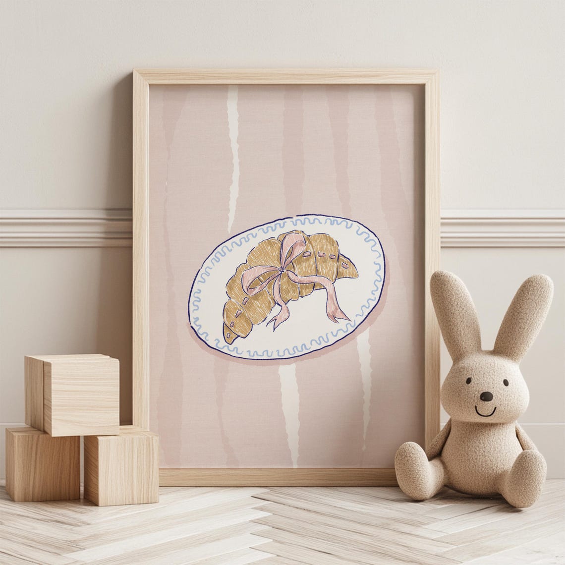 Croissant with Pink Bow Hand Drawn French Bakery Nursery Wall Art