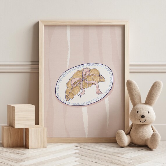 Croissant with Pink Bow Hand Drawn French Bakery Nursery Wall Art