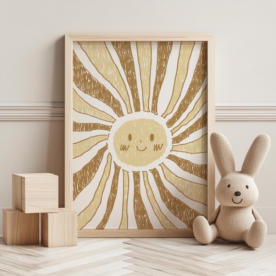 Happy Smiling Sun with Golden Rays Hand Drawn Nursery Wall Art