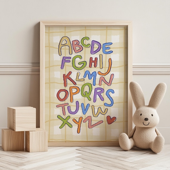 Colorful Hand Drawn ABC Alphabet Letters Gingham Kids Room Nursery Learning Art Poster