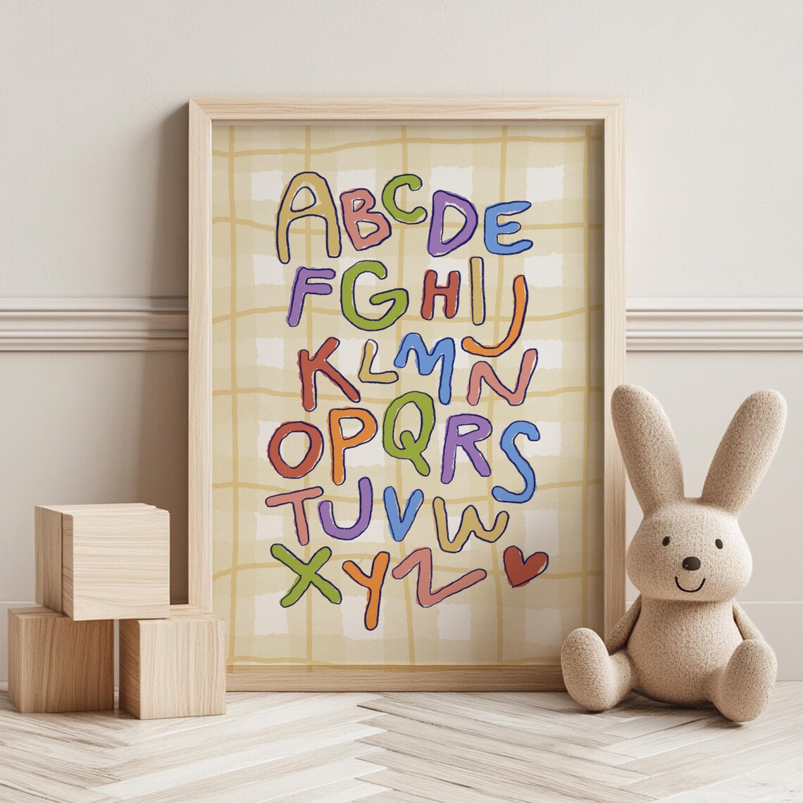 Colorful Hand Drawn ABC Alphabet Letters Gingham Kids Room Nursery Learning Art Poster