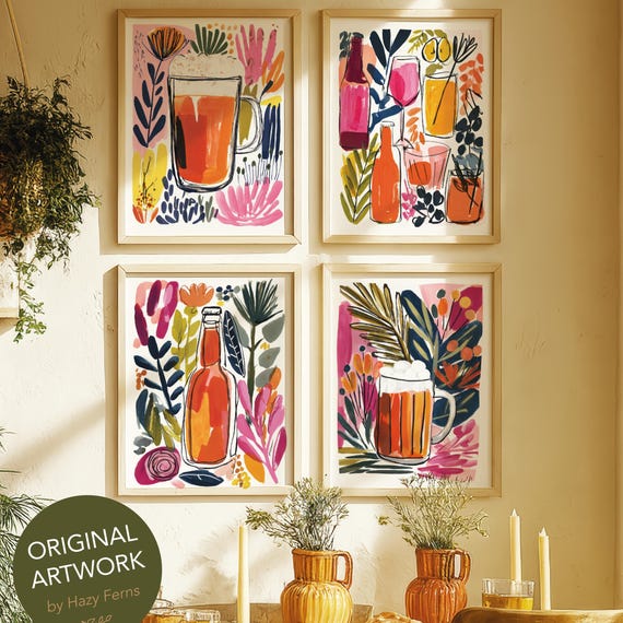 Abstract Beer And Cocktail Prints Set Colorful Gouache Bar Wall Art