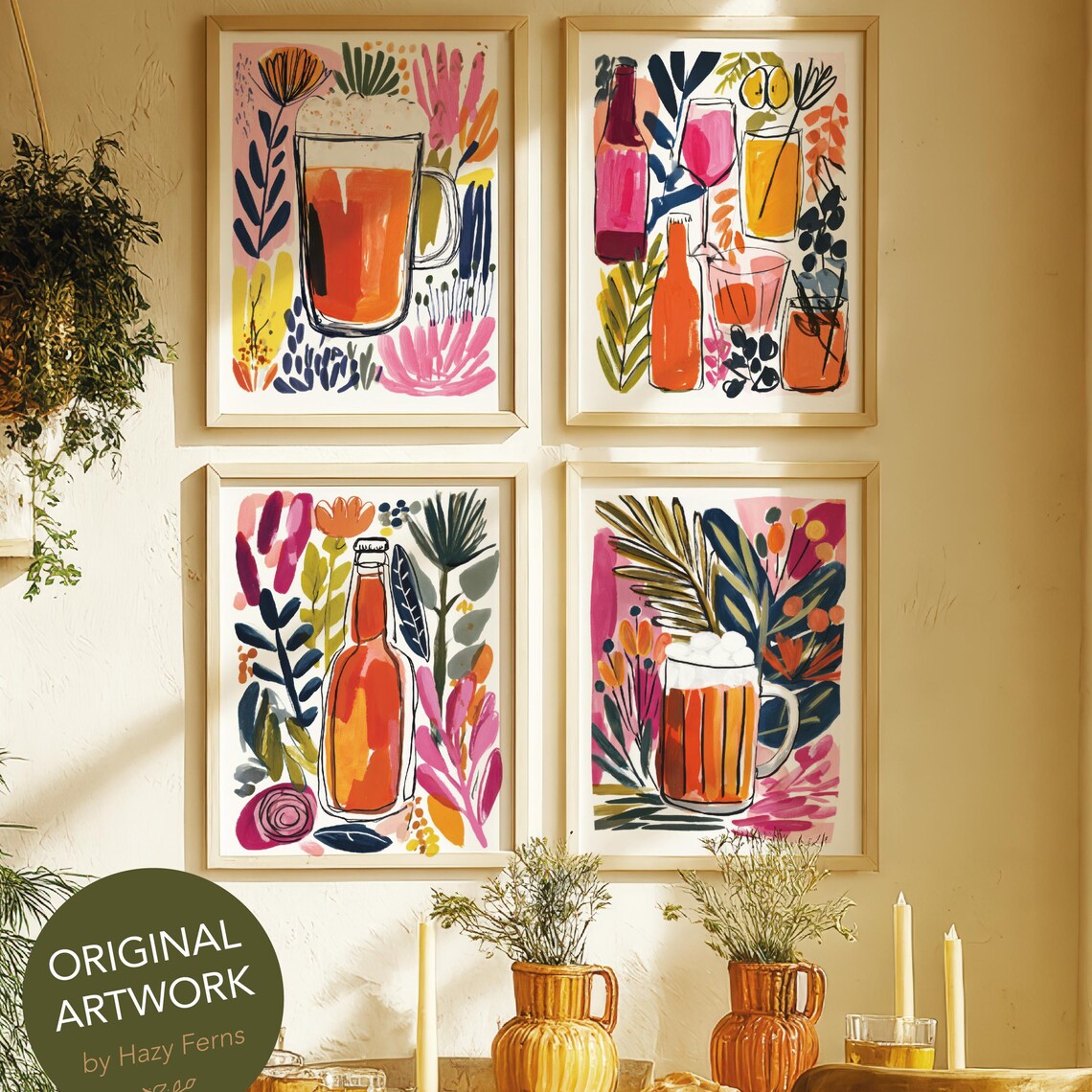 Colorful Cocktail and Beer Gouache Bar Art Print Set of Four