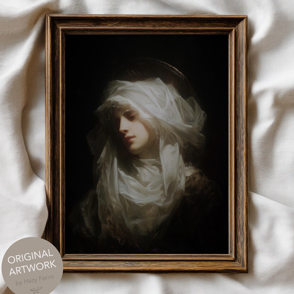 Virgin Mary in Prayer Veiled Portrait Dark Religious Art Poster