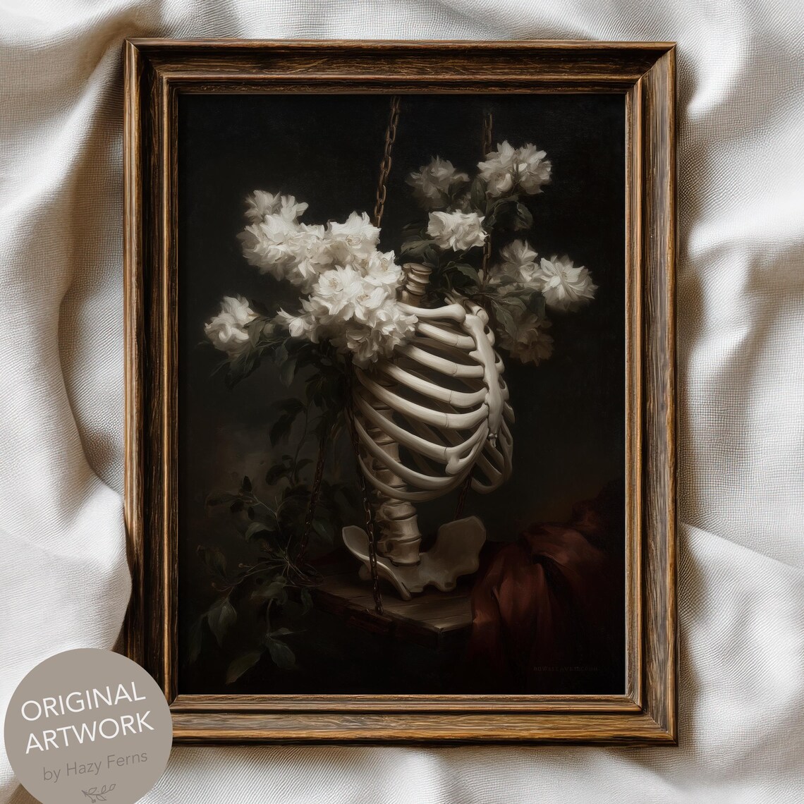 Floral Ribcage With Blossoms, Gothic Art Print