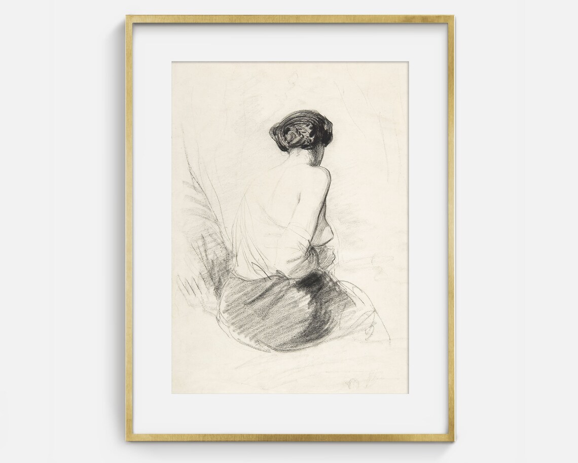 Seated Woman Back Charcoal Sketch Vintage Figure Study Art Print Poster - Image 2