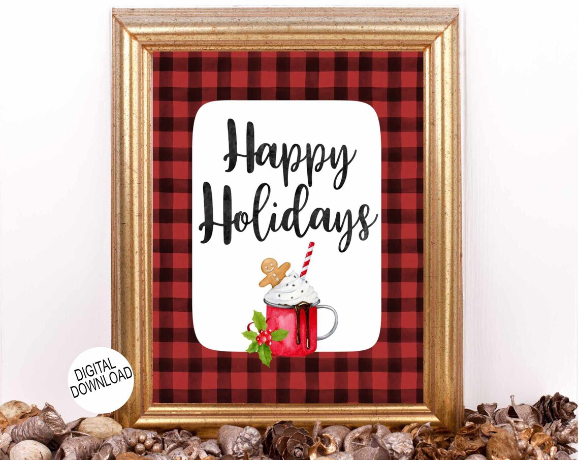 Happy Holidays Red Buffalo Plaid Christmas Sign Cocoa Mug Poster