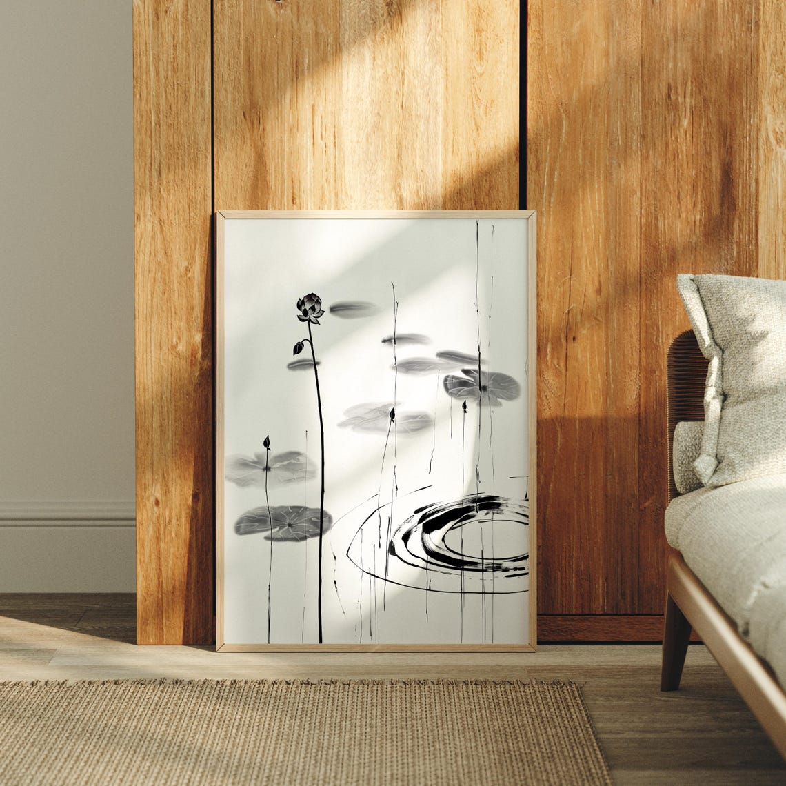 Ink Lotus Stems Rising From A Rippling Zen Pond Wabi Sabi Poster