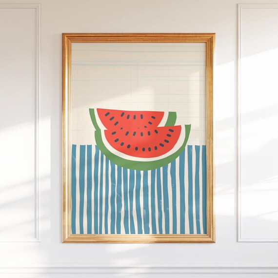 Playful Watermelon Slices Over Blue Stripes Summer Kitchen Poster