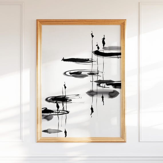 Zen Ink Pond Wall Art Japandi Decor Painting Nature Print Hosting Wabi Sabi