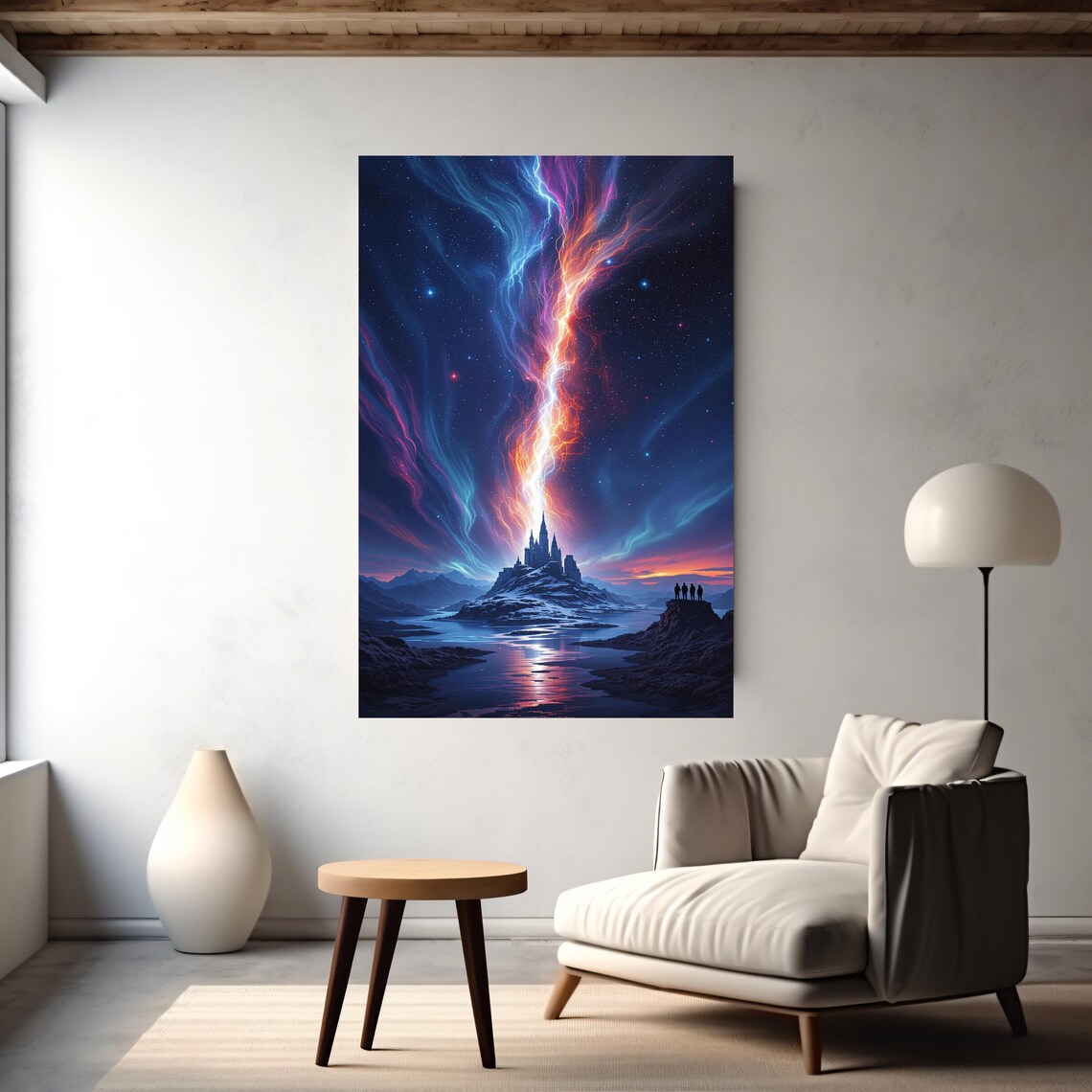 Fantasy Night Sky Aurora Island Castle Lake Reflection Art Print